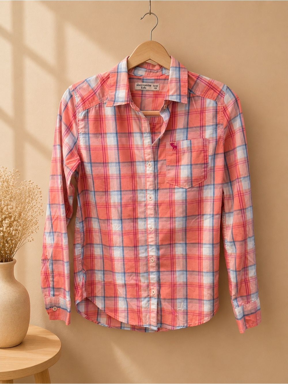 Abercrombie & Fitch Coral Pink and Blue Plaid Button-Down Shirt